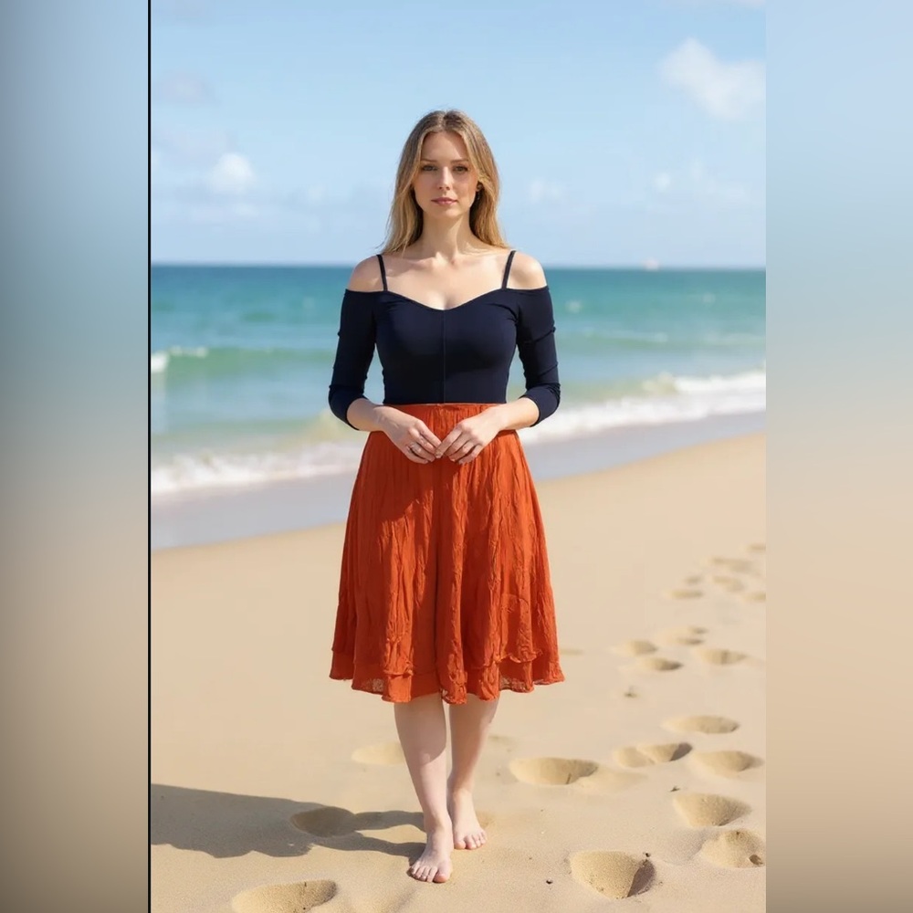 Anthropologie Saturday Sunday Two Tone Navy and Orange asymmetrical hem dress